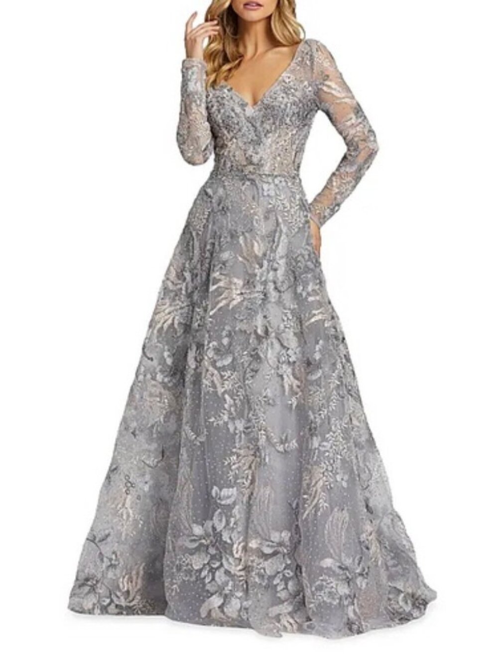 Mac Duggal Grey Beaded Floral Applique EmbellishedGown